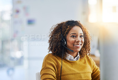 Buy stock photo Virtual assistant, crm or happy woman in call center consulting, speaking or talking at customer services. Communication, friendly or sales consultant in telemarketing or telecom company help desk 