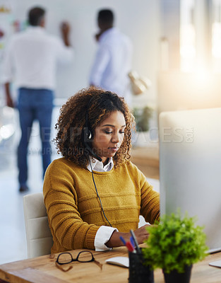 Buy stock photo Virtual assistant, crm or woman typing in call center consulting online at customer services help desk. Chat, computer or biracial girl consultant in telemarketing or telecom company agency in office
