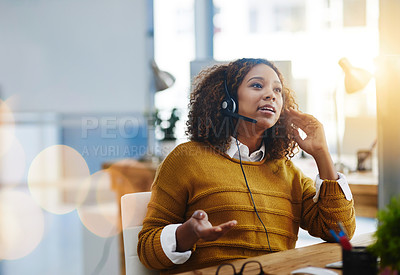 Buy stock photo Talking, crm or woman in call center consulting, speaking or explaining at customer services. Virtual assistant, contact us or biracial sales consultant in telemarketing or telecom company help desk 