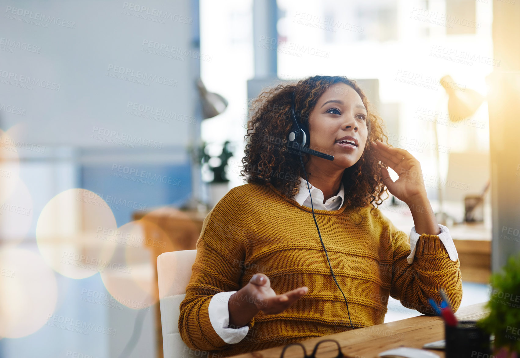 Buy stock photo Talking, crm or woman in call center consulting, speaking or explaining at customer services. Virtual assistant, contact us or biracial sales consultant in telemarketing or telecom company help desk 