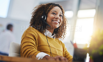 Buy stock photo African woman, call center agent or smile with voip for consulting, listening or contact us in office. Female consultant, customer service or tech support crm with headphones, microphone or help desk