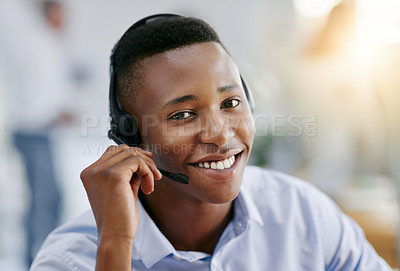 Buy stock photo Communication, portrait or friendly black man in call center consulting or talking at customer services. Virtual assistant, happy smile or face of sales agent in telemarketing or telecom company 