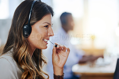 Buy stock photo Communication, mic or happy woman in call center consulting, speaking or talking at customer services. Virtual assistant, friendly or sales consultant in telemarketing or telecom company help desk 