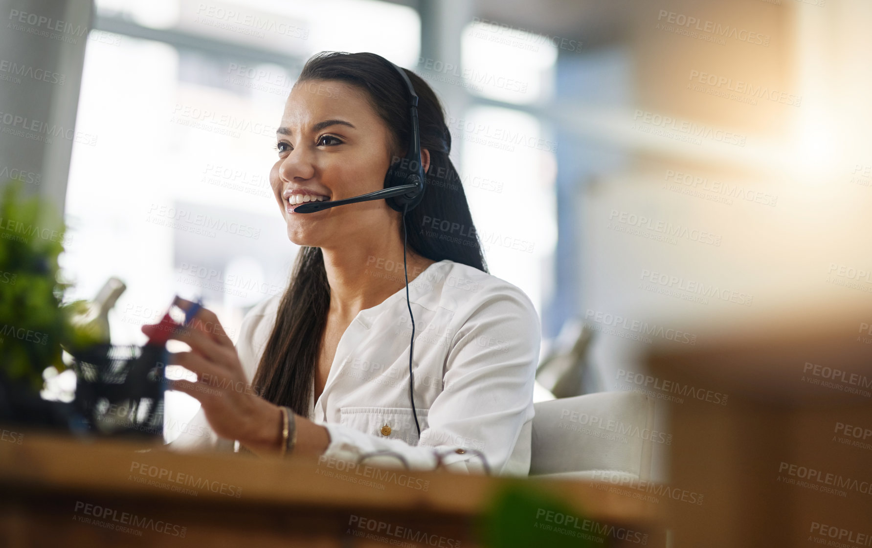 Buy stock photo Customer service, contact us or happy woman in call center consulting, speaking or talking at help desk. Virtual assistant, friendly agent or sales consultant in telemarketing or telecom company  