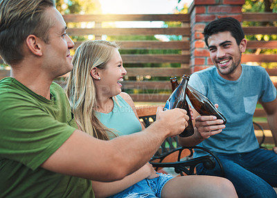 Buy stock photo Friends, beers and backyard party with cheers for summer celebration and happy social hangout. Group of people laughing and toast together with beverage, drinks or alcohol bottle on patio at home