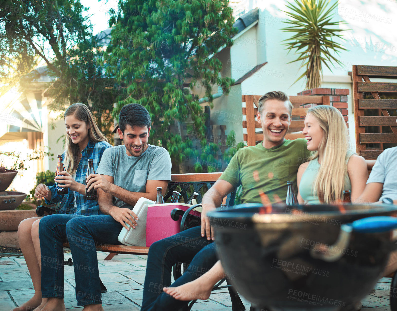 Buy stock photo Shot of a group of friends having beers together at a barbecue