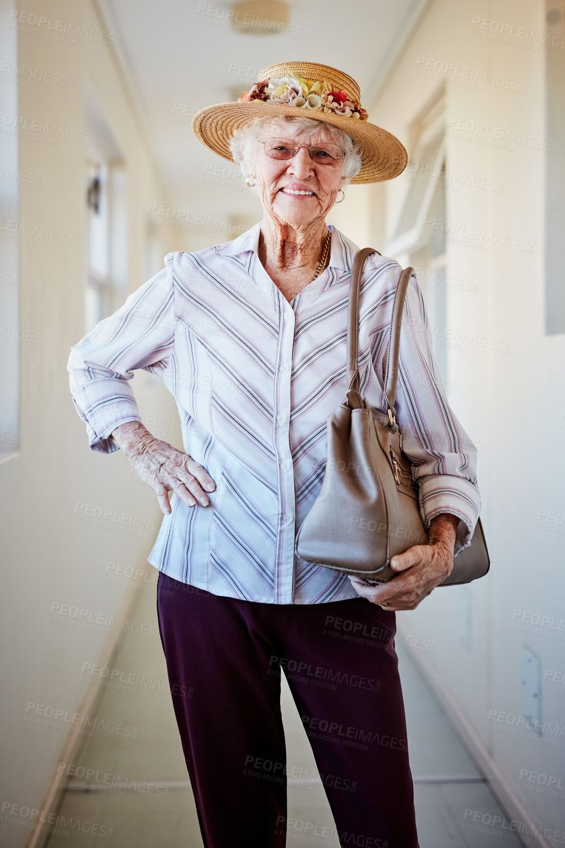 Buy stock photo Portrait of a happy elderly woman getting ready to go out