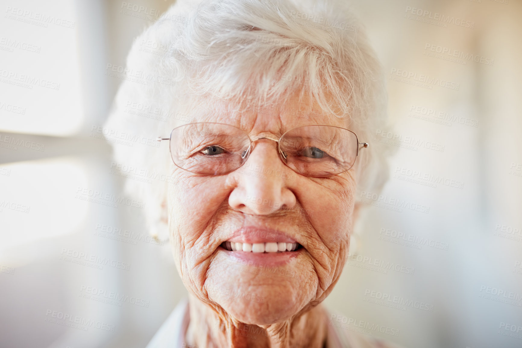 Buy stock photo Elderly woman, portrait and smile in retirement home with glasses for peace, health and positive mood. Senior person, face and happy in nursing house with eyewear for wellbeing, calm and gratitude