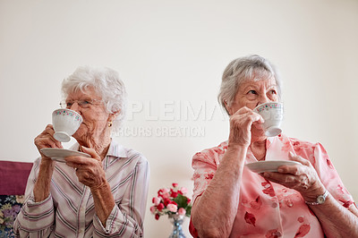 Buy stock photo Shot of two elderly women having tea together at home