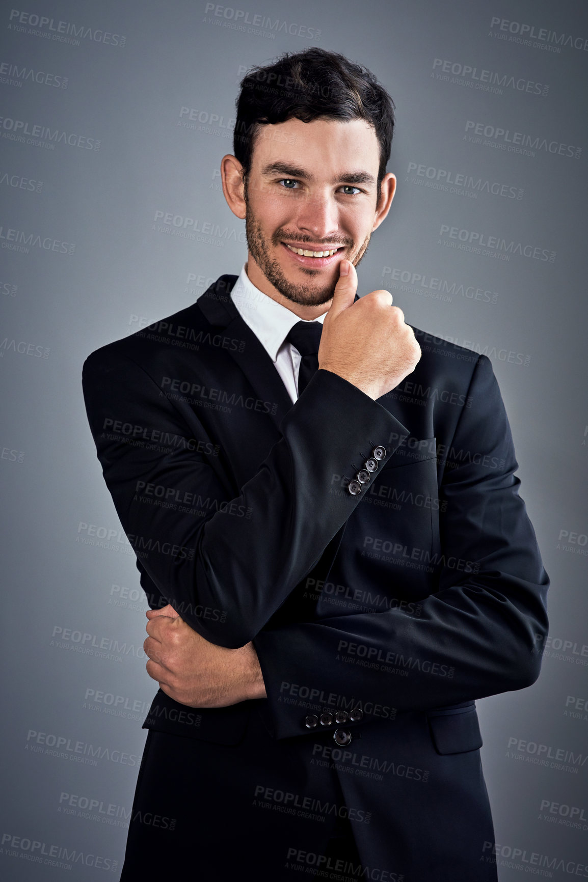 Buy stock photo Business, man and portrait in studio for fashion or office wear with confidence on grey background. Male person, entrepreneur and happy or smile as lawyer for career growth or job opportunity