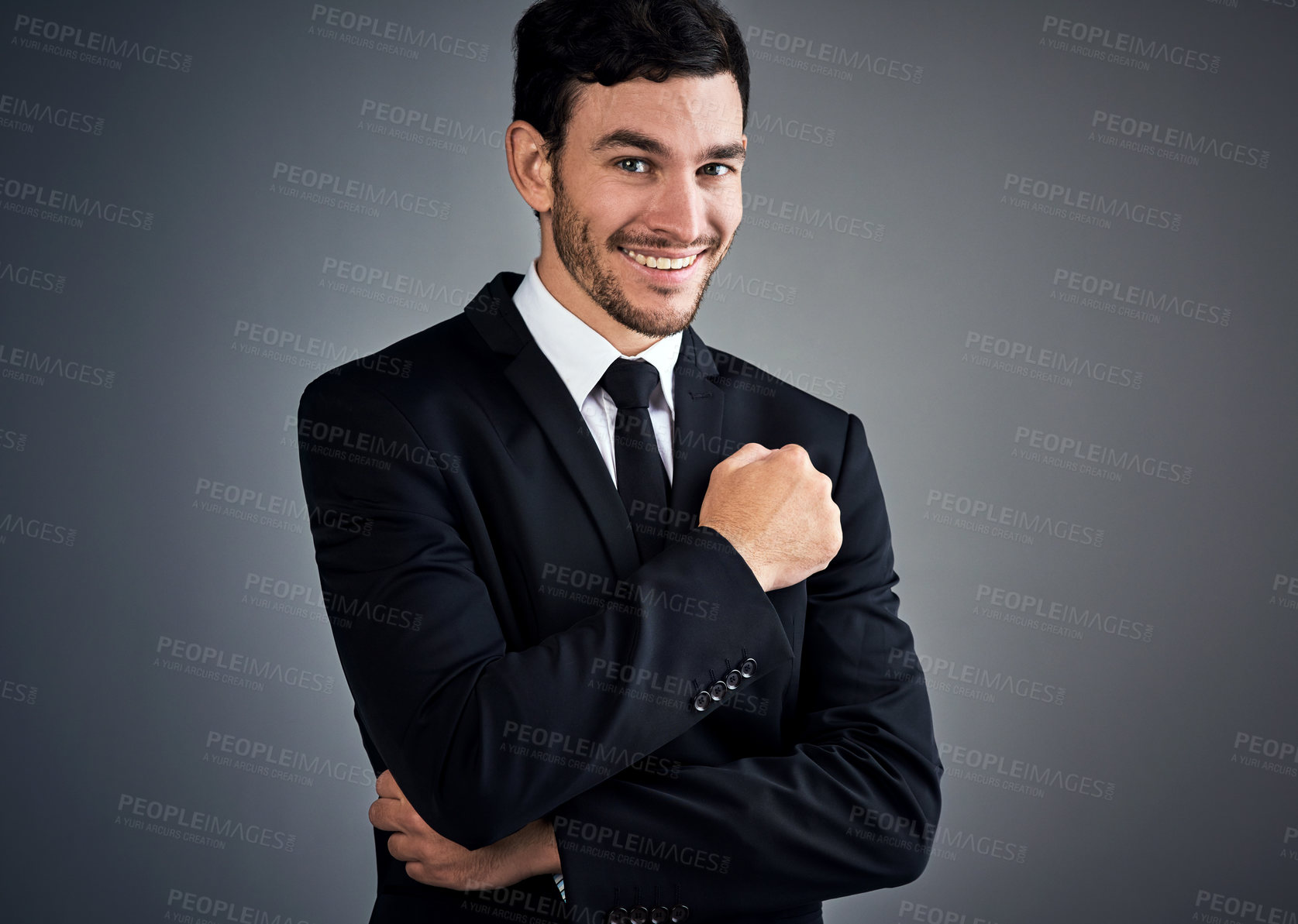 Buy stock photo Business man, portrait and broker in studio, accounting professional and finance consultant. Male person, investment advisor and employee pride for career, formal fashion and style on gray background