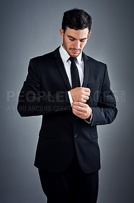 Buy stock photo Businessman, ready and suit in studio for thinking, job opportunity and growth in company. Wall street, broker and reflection on gray background for career path, question and mindset for future