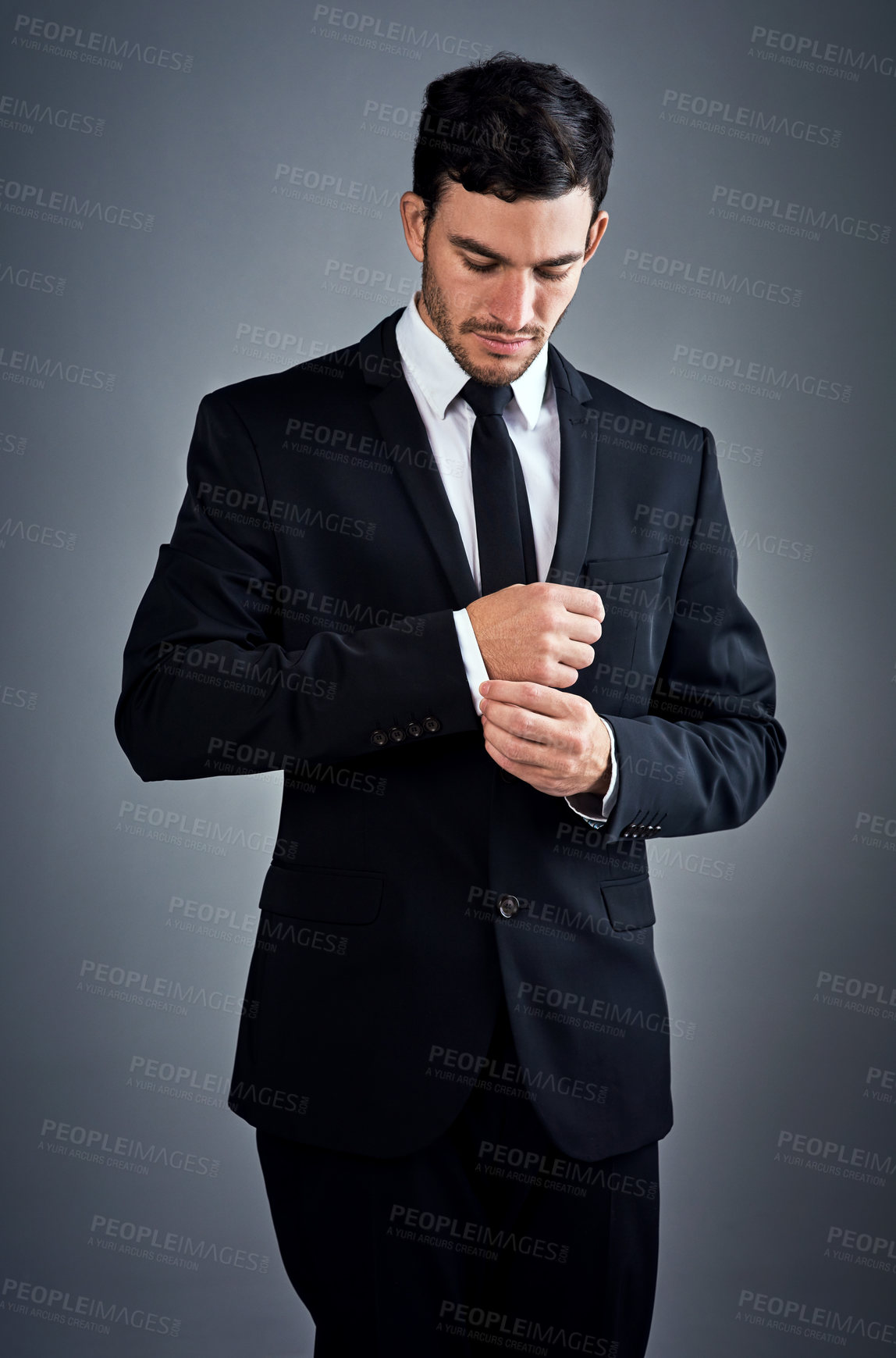 Buy stock photo Businessman, ready and suit in studio for thinking, job opportunity and growth in company. Wall street, broker and reflection on gray background for career path, question and mindset for future