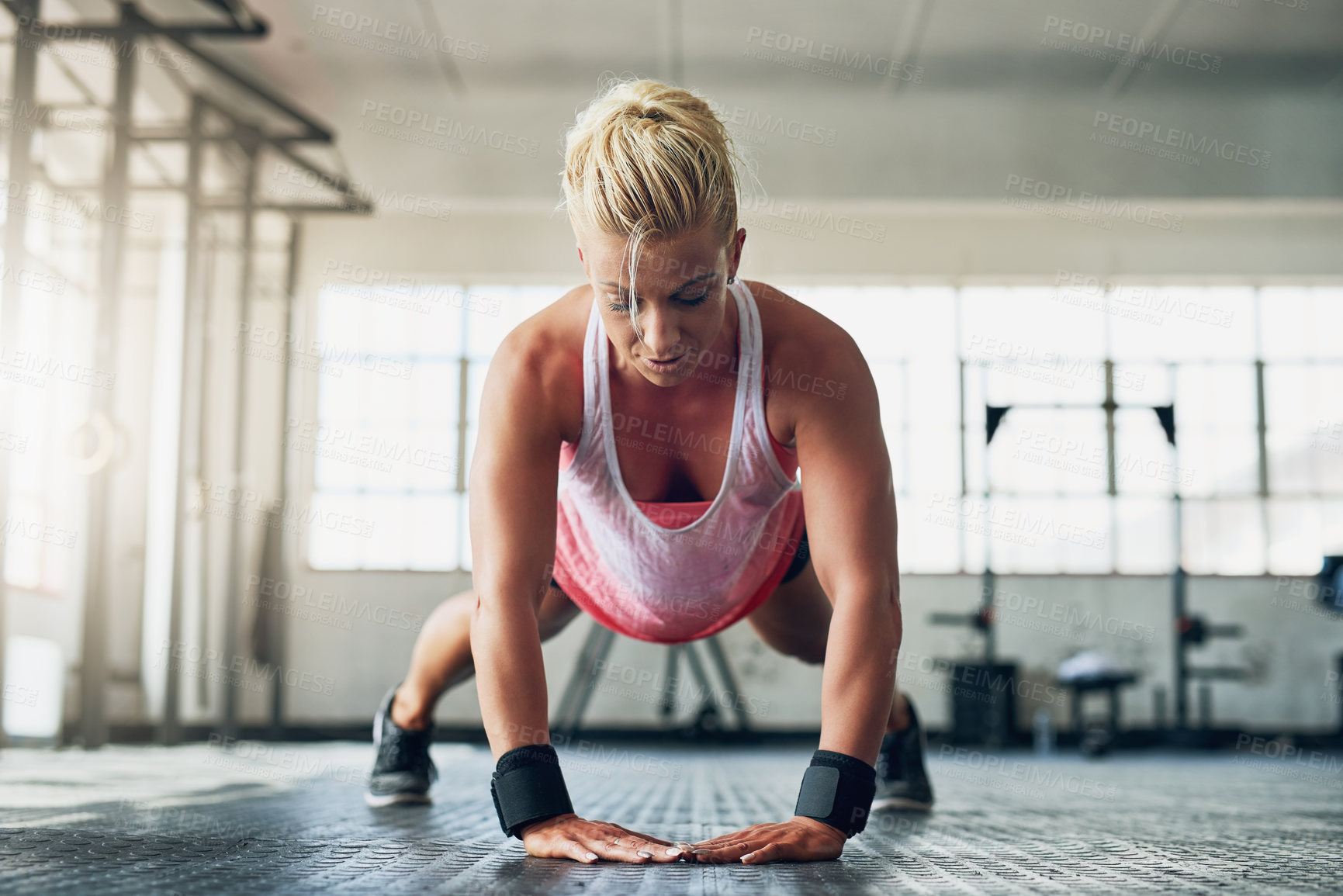 Buy stock photo Woman, pushup and floor for fitness in gym with strength training, core exercise and body balance of workout. Athlete, female person and bicep stability for arm support, muscle growth and resilience