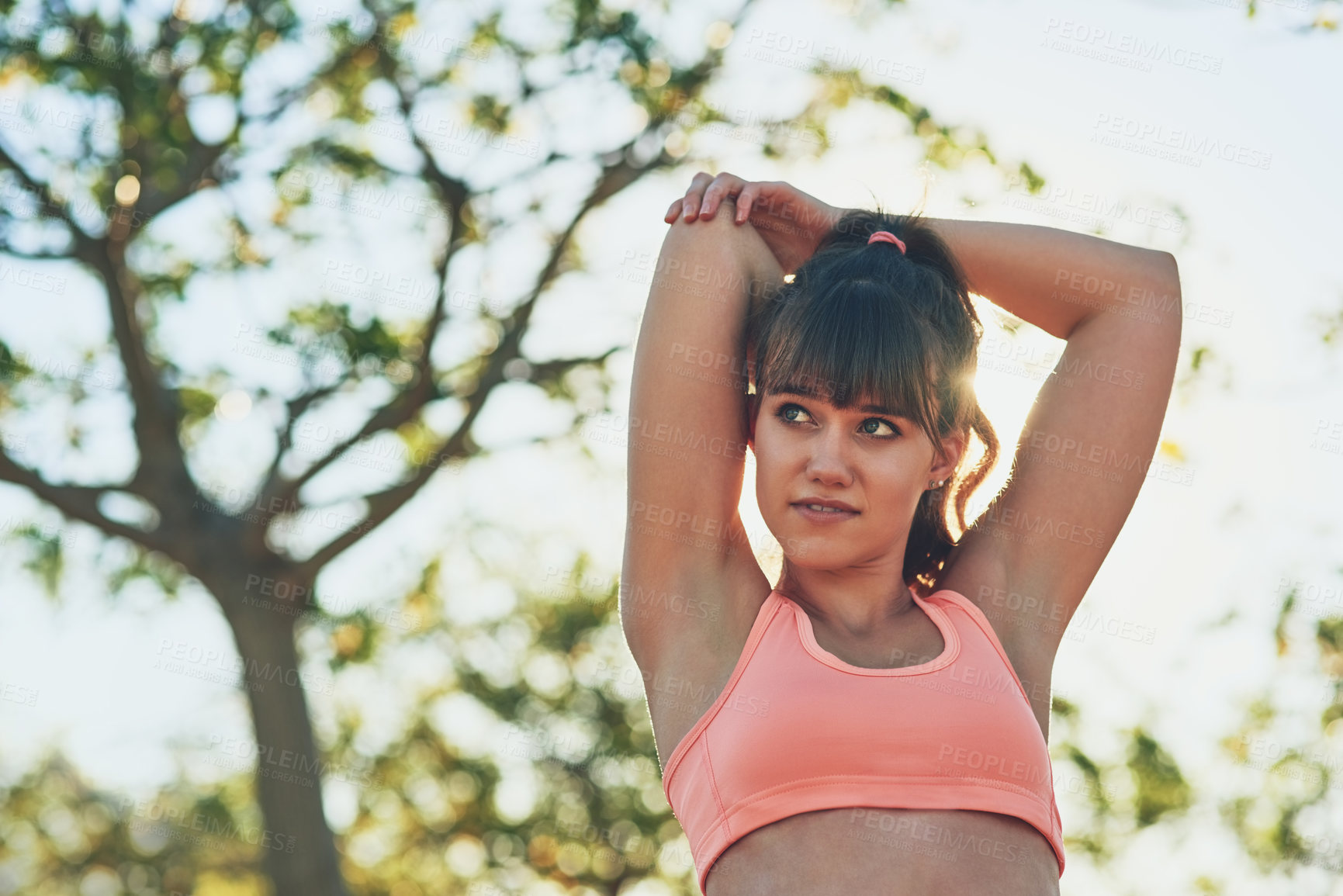 Buy stock photo Nature, thinking and girl stretching arms to start running, outdoor workout or training in park. Ideas, woman and confident runner with sports routine for warm up, exercise and fitness for health