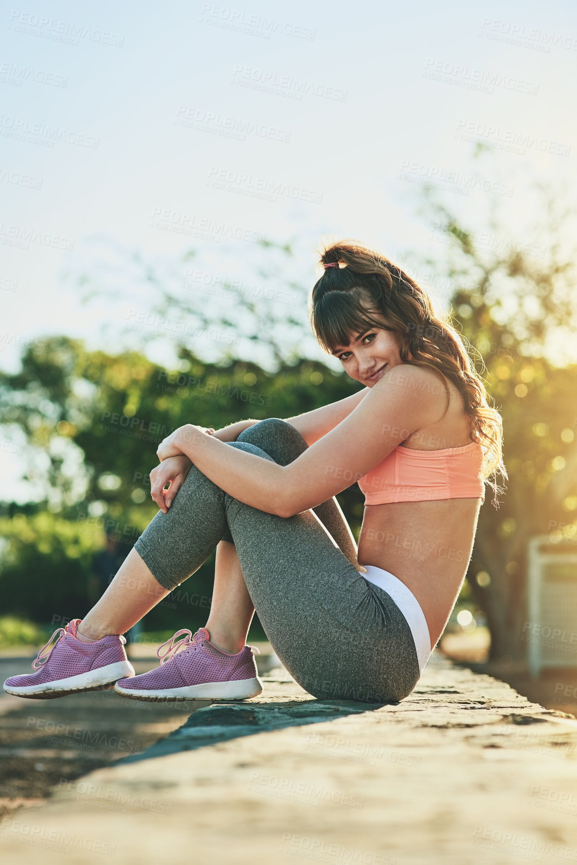 Buy stock photo Fitness, portrait and woman resting in park for running, outdoor workout or training in Spain. Break, girl athlete and confident runner with sports routine for cardio, exercise or wellness for health