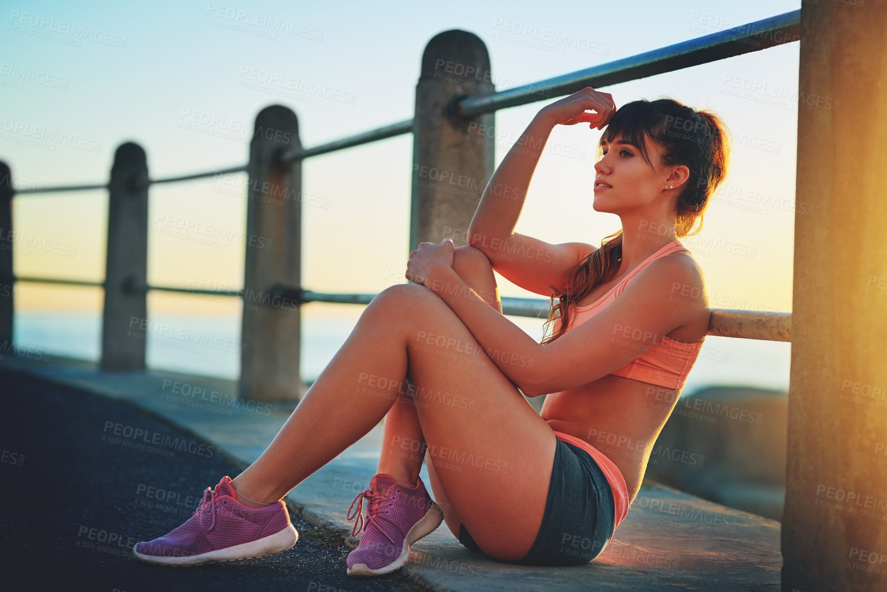 Buy stock photo Break, fitness and thinking with woman on promenade outdoor for recovery from workout routine. Exercise, health or idea and happy sports person at beach with plan or vision for cardio training