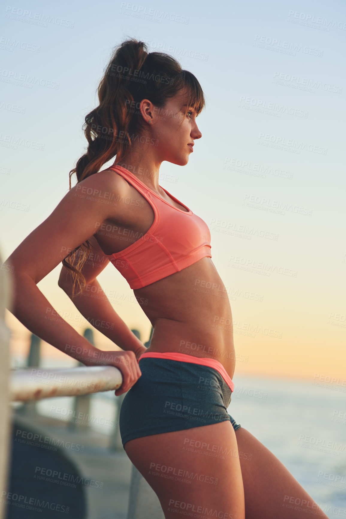 Buy stock photo Beach, morning and woman with fitness, exercise and calm with view, nature and training for wellness. Healthy person, outdoor and athlete with workout, seaside and ocean with break, routine and relax