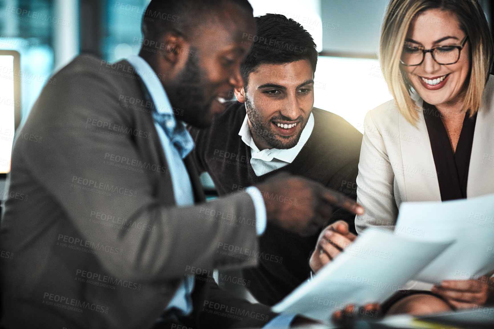 Buy stock photo Documents, team and business people in office with discussion for company investment deal. Smile, paperwork and finance meeting with investor client for budget with dividend report in workplace