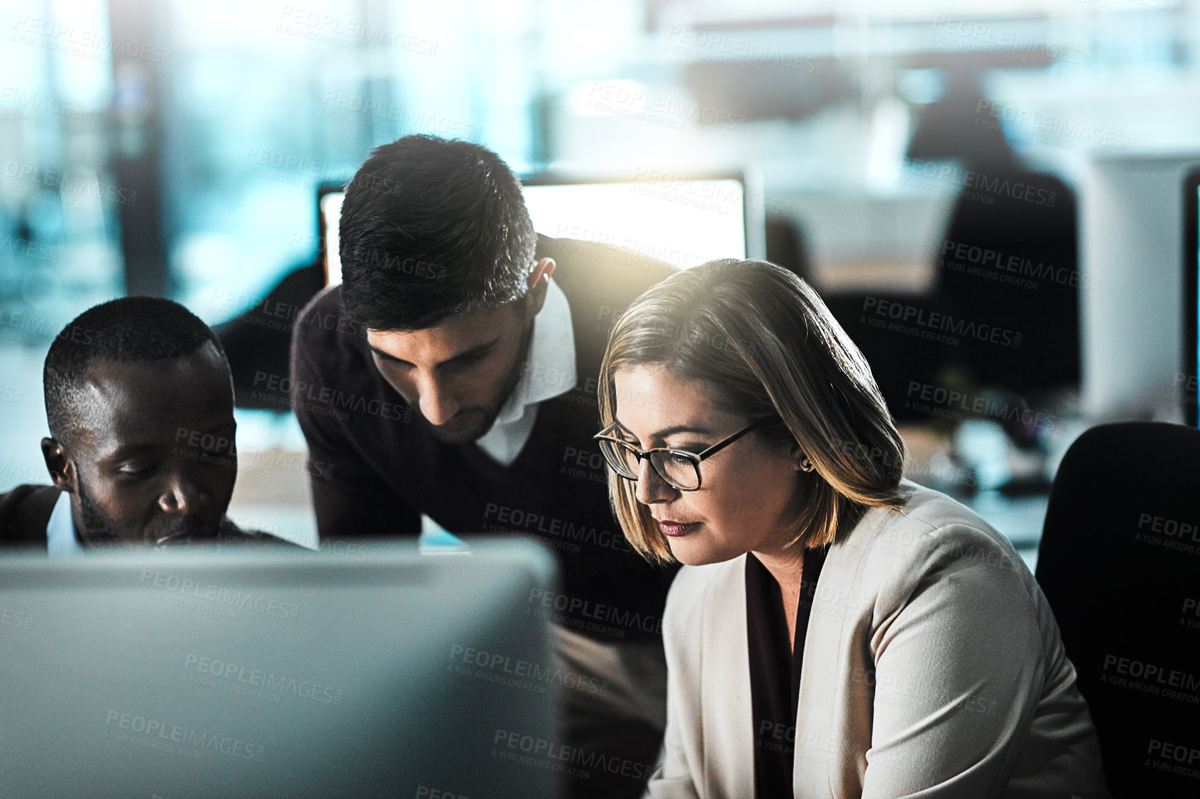 Buy stock photo Computer, management and business people in office with meeting for company investment deal. Tech, report and finance discussion with investor client for budget with dividend project in workplace