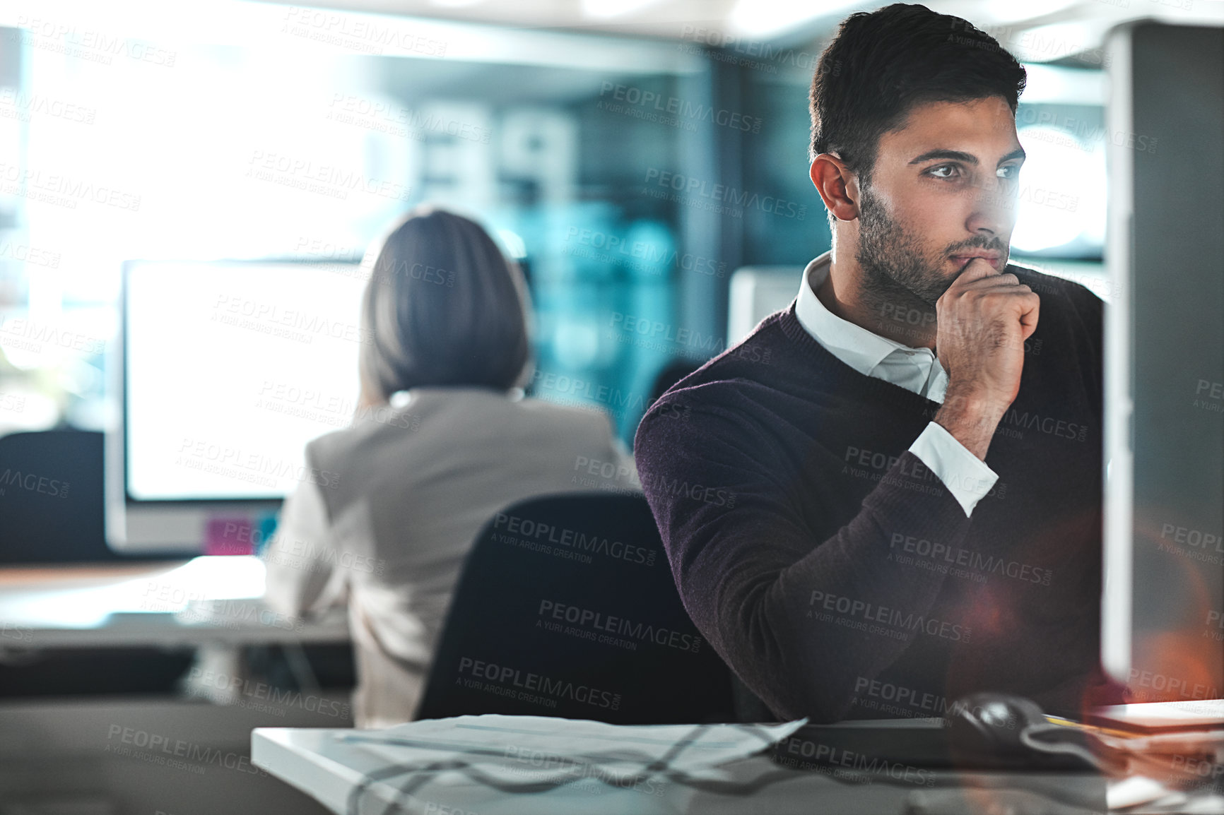 Buy stock photo Thinking, business and man on computer in office for reading email, research and planning of project as web designer. Pensive, pc and communication of negotiation proposal for company growth