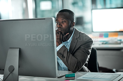 Buy stock photo Computer, thinking and black man in office for planning, research and brainstorming. Idea, decision and internet for information, problem solving and salesman working on business solution for project