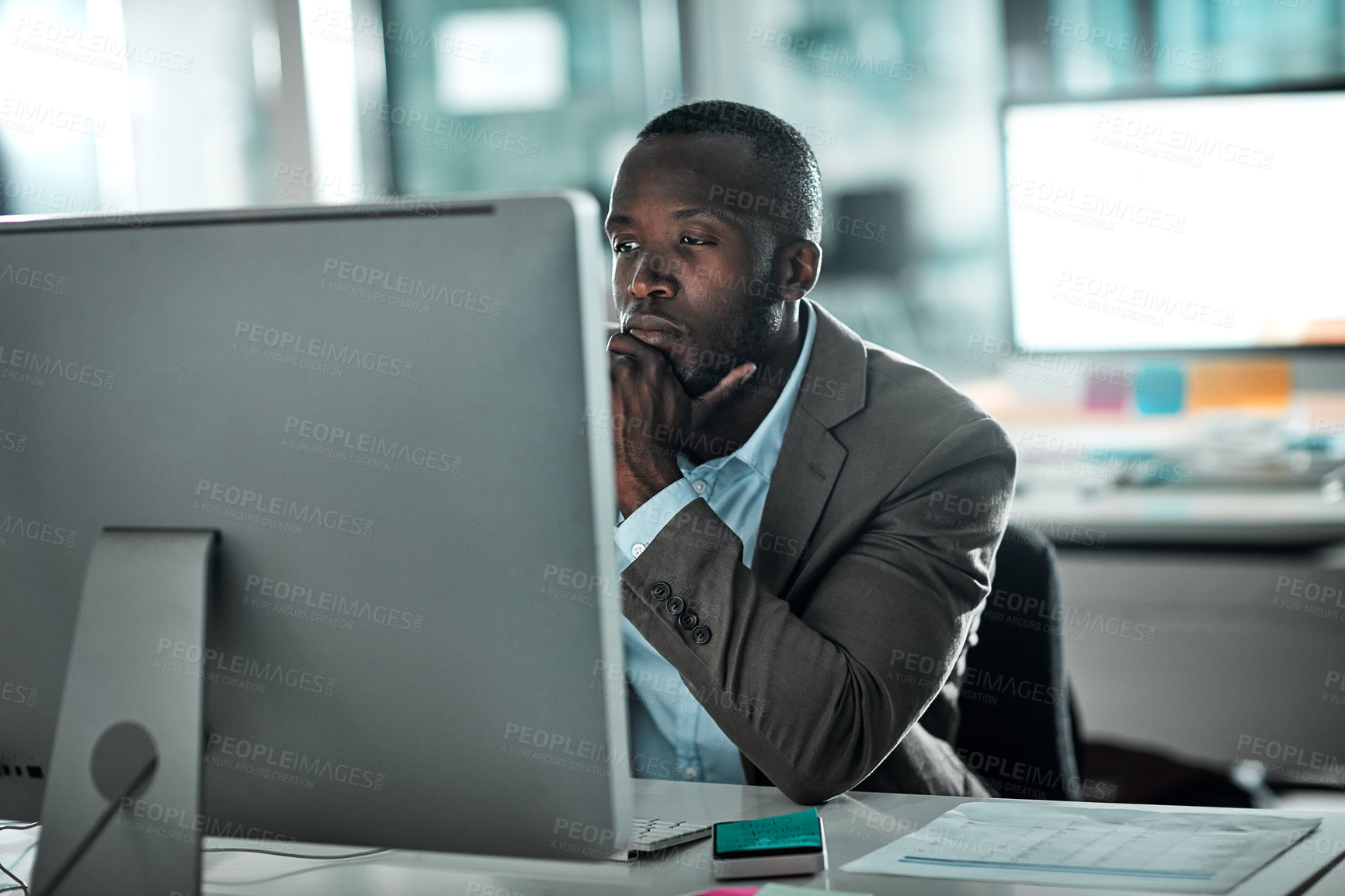 Buy stock photo Computer, thinking and black man in office for planning, research and brainstorming. Idea, decision and internet for information, problem solving and salesman working on business solution for project