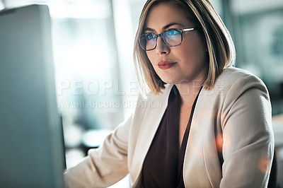 Buy stock photo Reading, thinking and businesswoman on computer for research, information and glasses in office. Female lawyer, idea and review details on internet for consulting, legal advice and digital for case