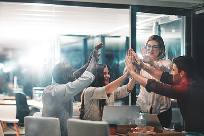 Buy stock photo High five, teamwork and business people at night celebrate  stock market growth, investment profit or ipo. Diversity, trading or crypto trader excited for forex, NFT success or bitcoin mining revenue