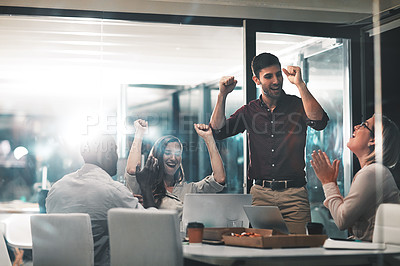 Buy stock photo Business people, excited and celebration for achievement in office with company investment and stock market bonus. Teamwork, employees and support for trading success with tech and happy in boardroom