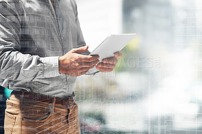Buy stock photo Multiple exposure shot of an unrecognizable businessman using his digital tablet superimposed over a cityscape