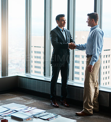 Buy stock photo Meeting, business people and handshake for partnership, agreement and teamwork in corporate project. Office, professional career and lawyers for collaboration, b2b deal and mockup space in law firm