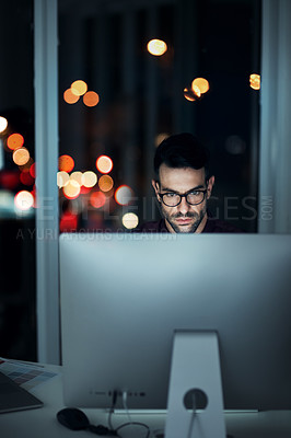 Buy stock photo Night, computer and serious business man in office for internet code, coding or software development. Technology, cloud computing and cyber security with male programmer for app, developer and it
