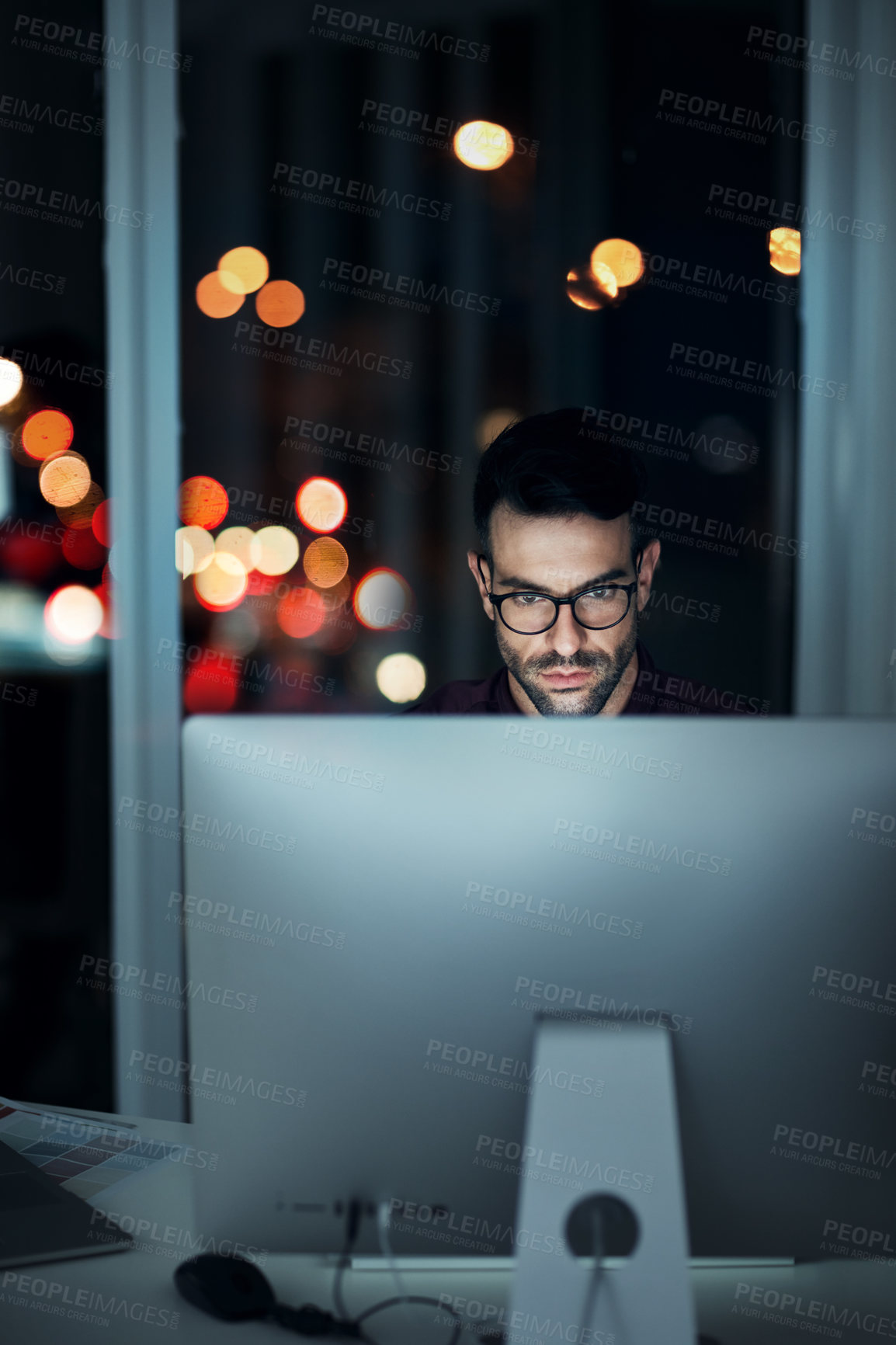 Buy stock photo Night, computer and serious business man in office for internet code, coding or software development. Technology, cloud computing and cyber security with male programmer for app, developer and it