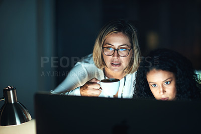 Buy stock photo Night, working and business women with computer and tech for web design with collaboration and teamwork. Internet, research and creative deadline of project management of website update in office