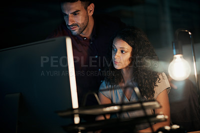 Buy stock photo Business people, teamwork and support at night on computer with planning and problem solving in dark. Programmer, developer and leader for project training, solution and check intern progress in dark