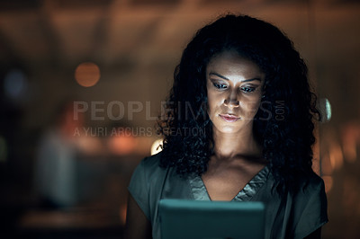 Buy stock photo Business, night and woman with tablet, connection and internet with network, social media and online schedule. African person, employee or consultant with tech, evening and typing for text message