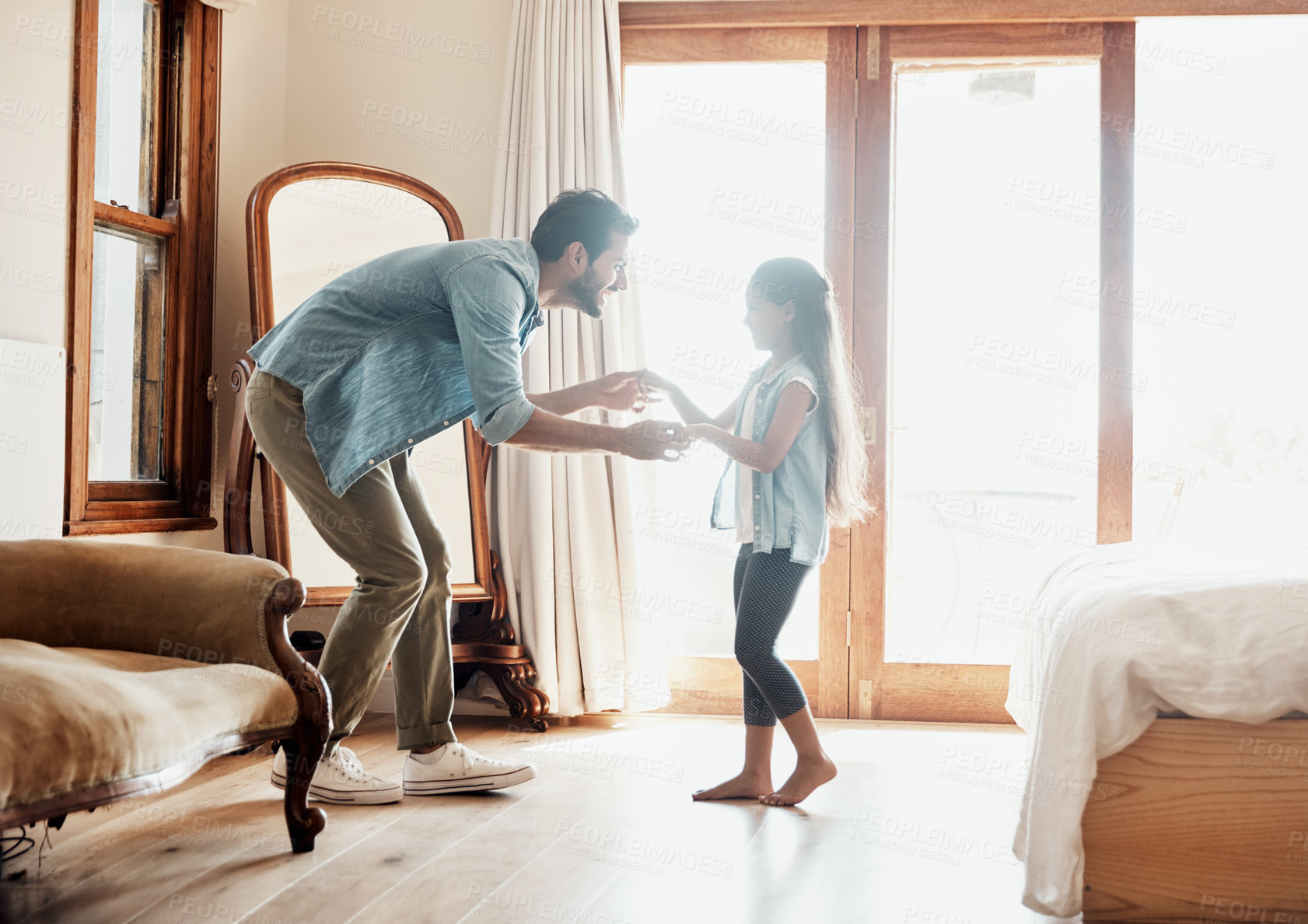 Buy stock photo Man, daughter and dancing in bedroom for love, fathers day and energy at home. Dad, young girl and together in family house for development, entertainment and celebration in apartment for fun