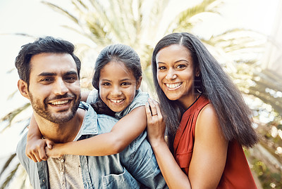 Buy stock photo Couple, child and portrait with piggyback, love or support in bonding, together and relationship. Family, kid and happiness in outdoor on weekend, break or holiday for development, growth or care