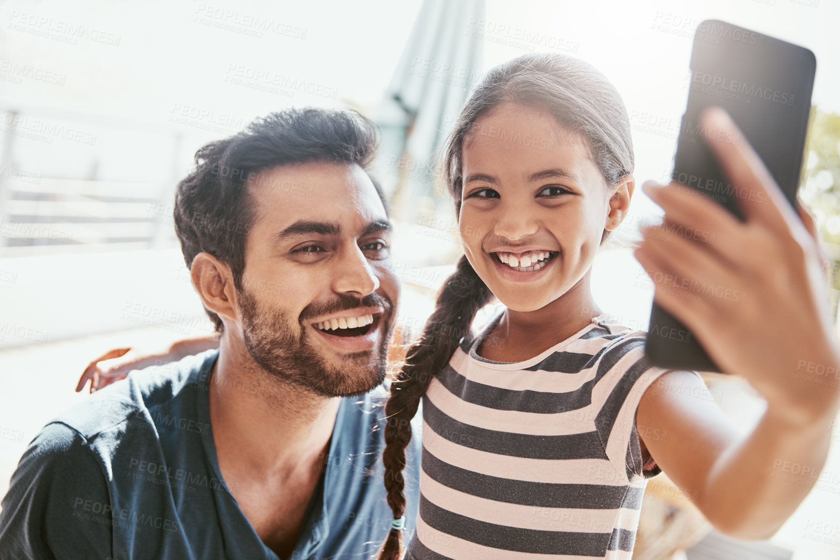 Buy stock photo Father, selfie and child as family with excited, love or support in bonding, together for memory. Man, girl and happiness in outdoor on weekend, break or holiday for development, growth or care