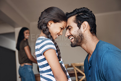 Buy stock photo Happy, bonding and father and child with care, love and content together for happiness. Smile, family and a dad with a girl kid and affection, quality time or laughing on fathers day at home