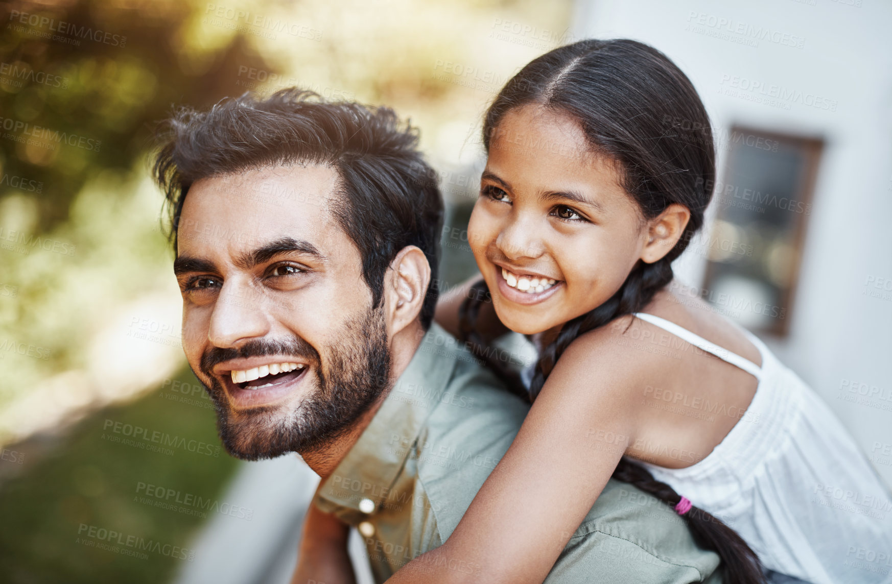 Buy stock photo Funny, happy dad and piggyback kid for family bonding, care and connection together at garden. Smile, girl and father carrying child at backyard for playing game, support and parent laughing outdoor