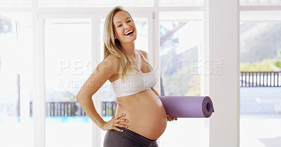 Buy stock photo Cropped portrait of an attractive young pregnant woman carrying a yoga mat