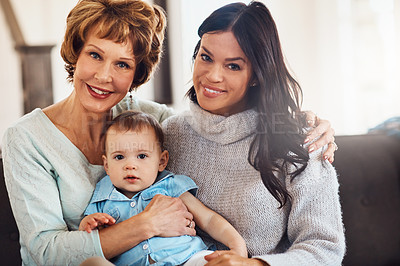 Buy stock photo Mother, baby and grandmother portrait on sofa with love, care or bonding with safety, security or protection at home. Family, generations or kid with mom, grandma and happy in living room together