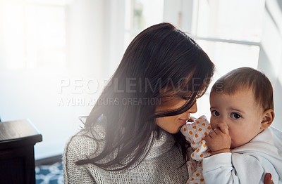 Buy stock photo Love, hug and mother with baby in a house for morning, bonding and learning, care and child development. Safety, protection and woman with kid in living room for teaching, nurture or safety in house