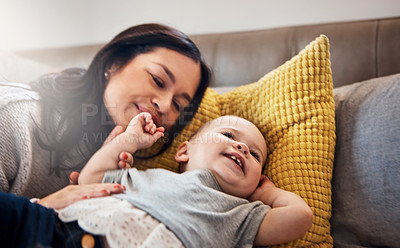 Buy stock photo Happy, games and mother with baby on a bed for playing, bonding and morning routine in their home together. Smile, family and woman with kid in a bedroom for learning, teaching or child development