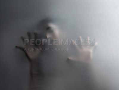 Buy stock photo Fabric, hands and person in studio with mental health, crisis and anxiety, fear and claustrophobia with mockup. Screen, fingers and trapped figure with mind, trauma or psychology, art and nightmare