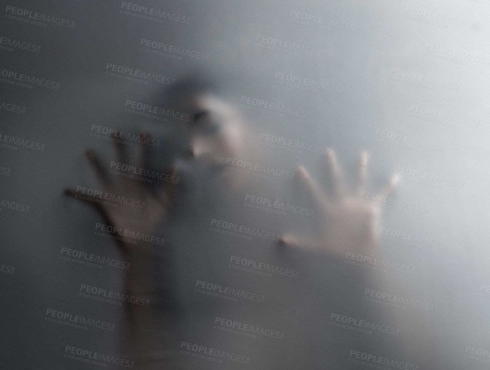 Buy stock photo Fabric, hands and person in studio with mental health, crisis and anxiety, fear and claustrophobia with mockup. Screen, fingers and trapped figure with mind, trauma or psychology, art and nightmare