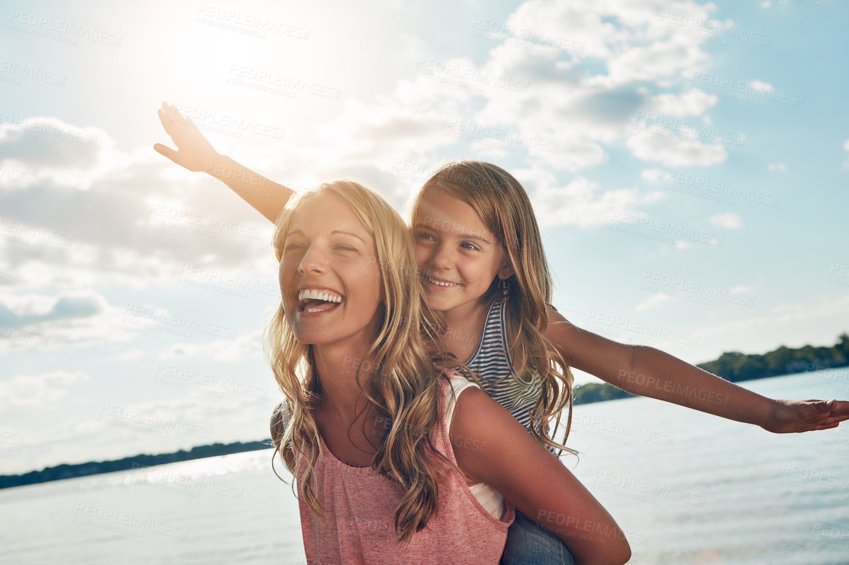 Buy stock photo Laugh, mother and child on beach with airplane, smile and playing on adventure holiday in Australia. Travel, mom and girl on ocean vacation with summer fun, happy and bonding together with games.