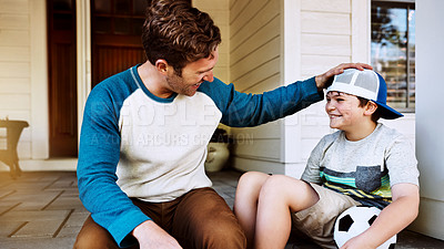 Buy stock photo Happy, soccer ball and dad with child outdoor in home ready for playing game, sports and training on weekend. Family, parents and man with young boy talking for bonding, relax and fun on porch